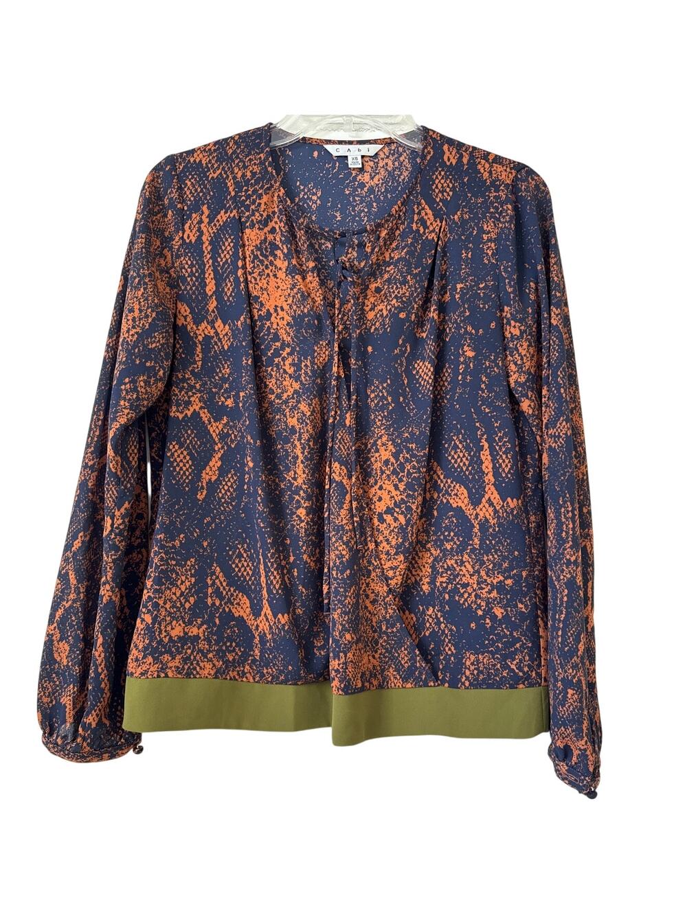 CAbi XS Wrap Blouse Long Sleeves Tie Neck Orange Navy, Blue With Olive Green Hem